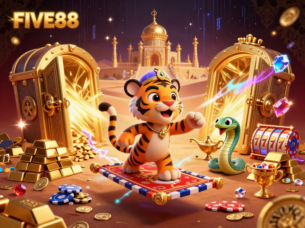 Experience thrilling action with FIVE88 as the tiger sultan and genie snake embark on a magical slot adventure.
