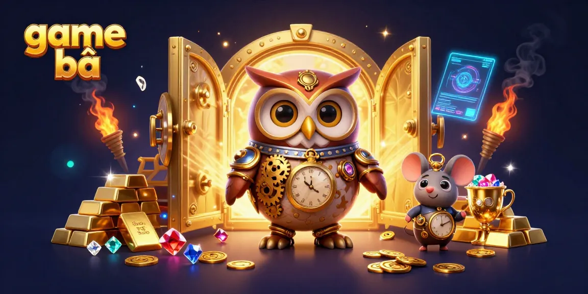 Experience the thrill of game bài with a steampunk owl and treasures in a vibrant casino scene.