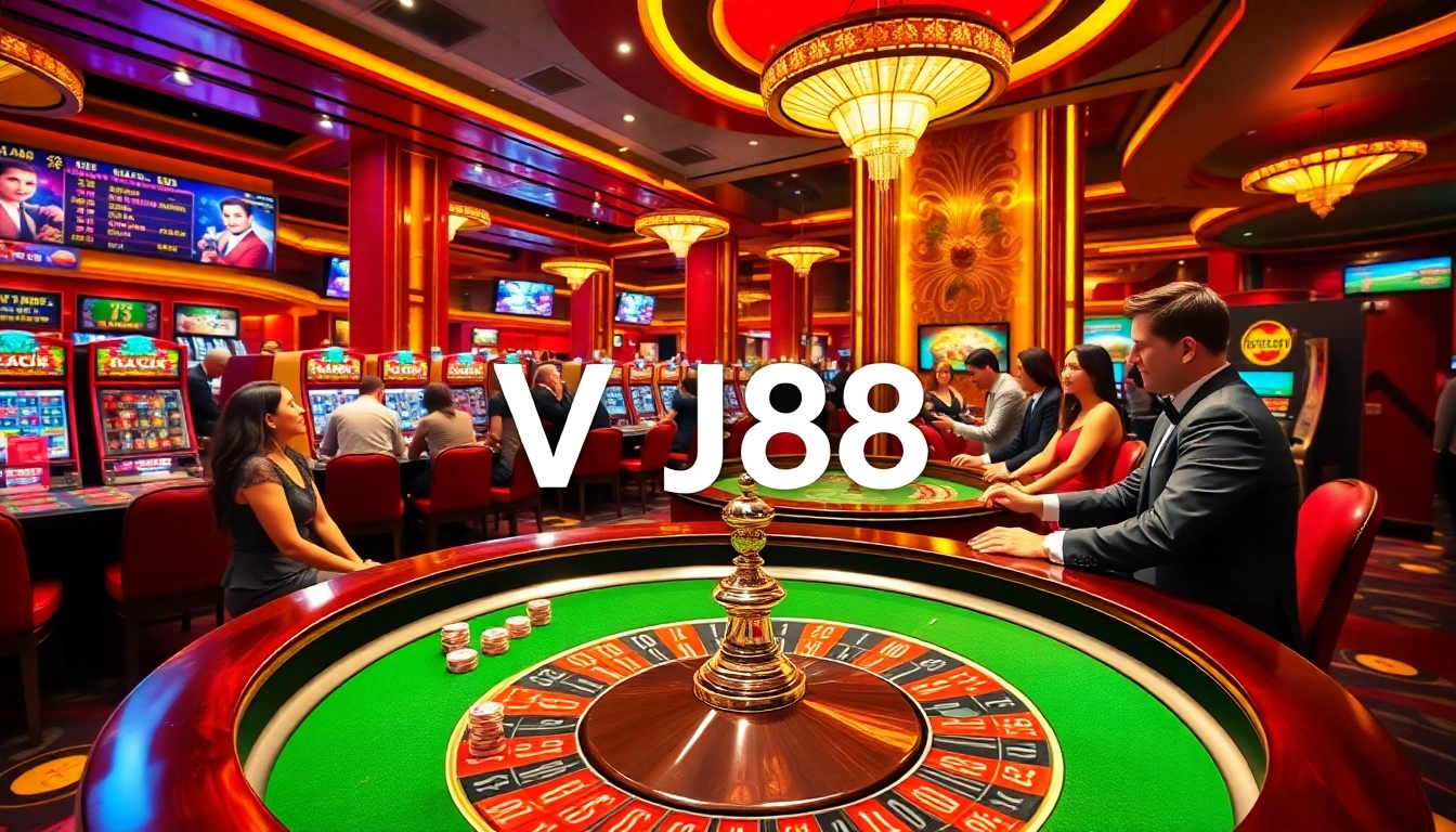 Experience the thrill of VJ88 in a vibrant casino scene with players at roulette tables and sparkling slot machines.