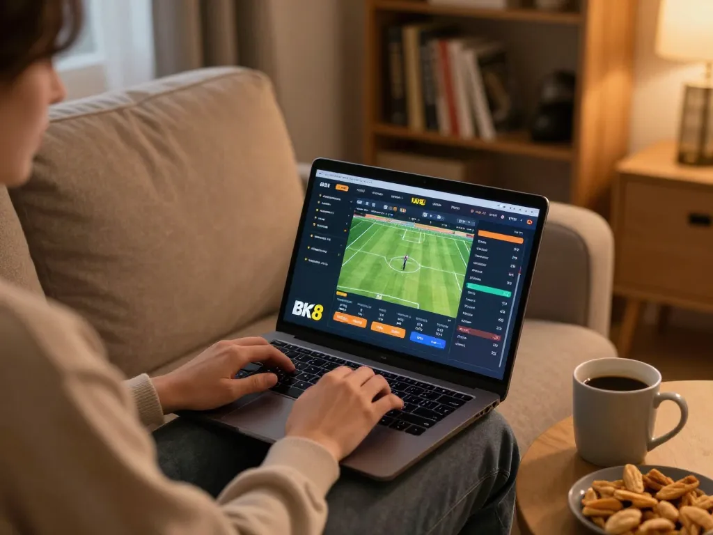 Experience online betting with BK8 dad on a cozy evening at home, laptop showing live sports odds.
