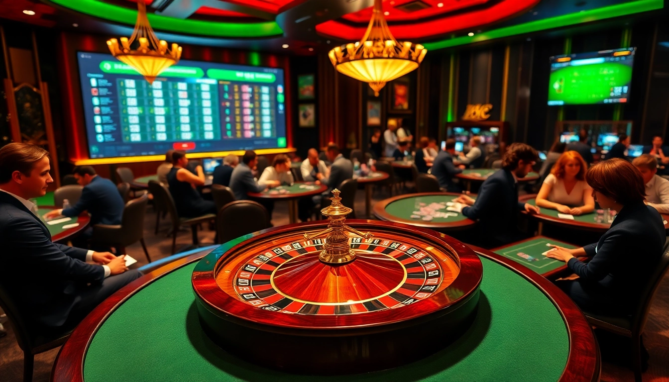 Experience high-stakes gaming at https://123win.click/ with a vibrant casino scene featuring poker tables and roulette.