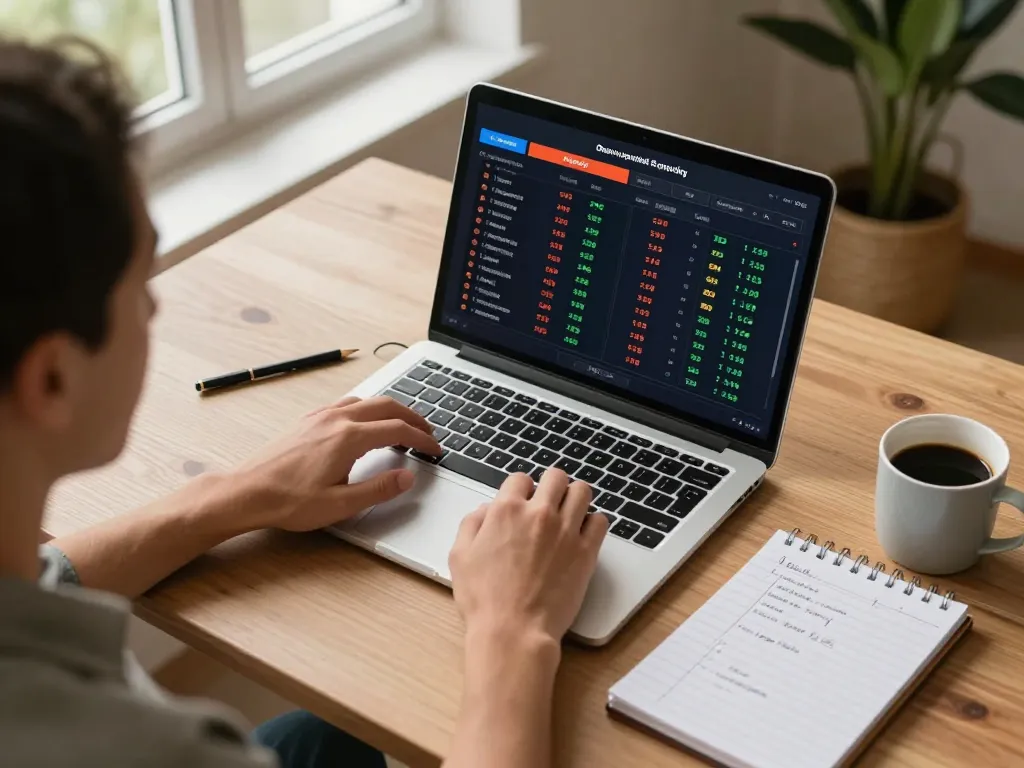 Person engaging in real-time odds analysis on g28 com during an online sports betting session in a stylish home office.