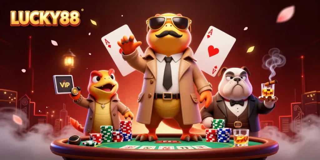 LUCKY88 raptors sneak into a casino, showcasing poker chips and colorful gameplay elements.