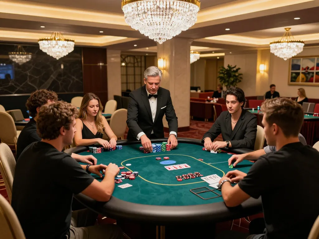 HB88 players strategizing at a high-stakes poker table in a luxurious casino setting.