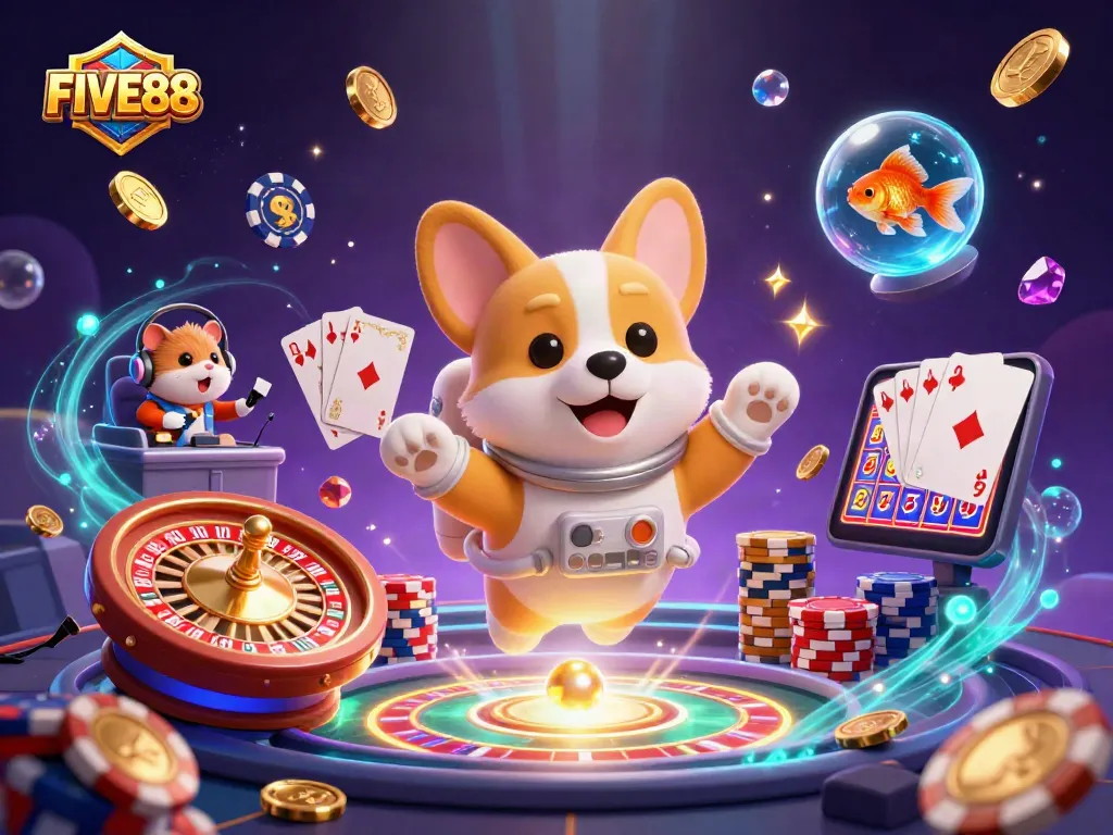 Experience FIVE88’s exciting gaming universe, featuring a playful corgi and vibrant casino elements.