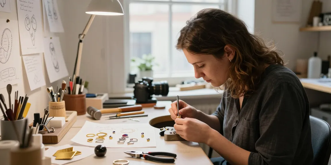 Custom jewellery design UK artisan crafting unique pieces in a bright studio.