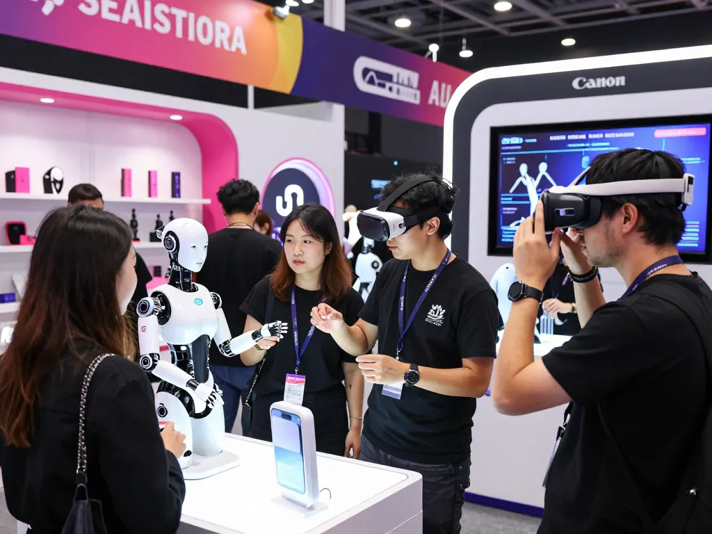 Exploring innovations in sex ai at a vibrant tech expo featuring interactive products and diverse attendees.