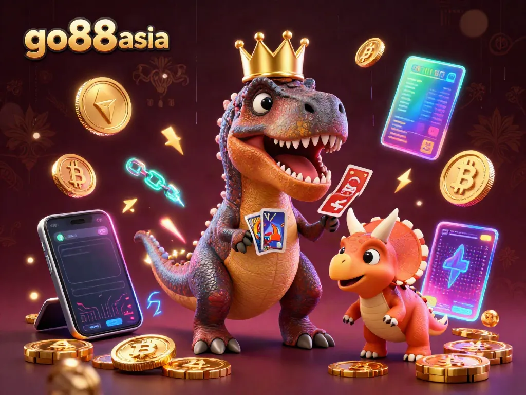 Engage in playful gambling with go88asia as a T-Rex shuffles cards with help from a pterodactyl in a vibrant casino scene.