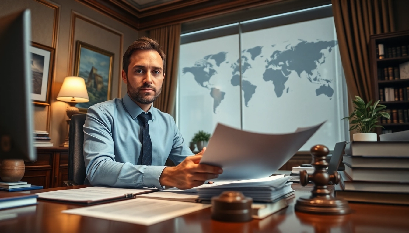 Sworn translation services illustrated with a professional translator in a stylish office.