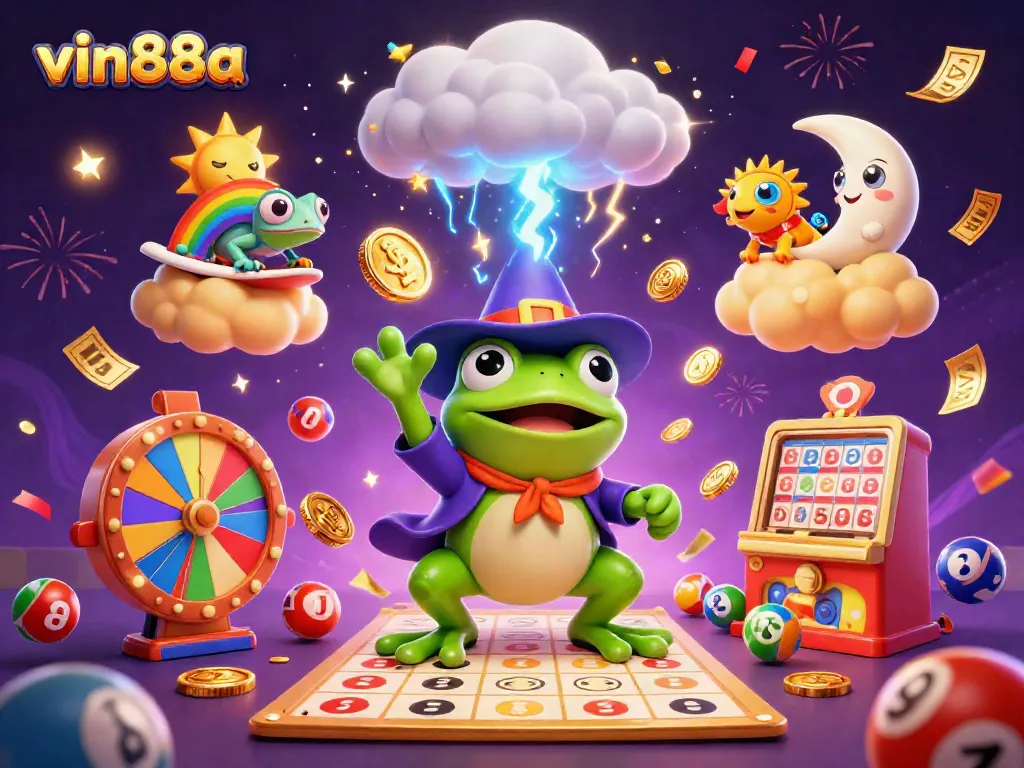 Experience the thrilling gambling world of vin88a with dynamic characters and colorful symbols in an exciting casino scene.