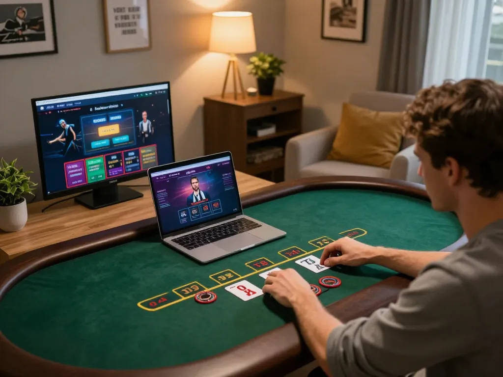 hitclub68s user engaging in live dealer blackjack at home, focused on strategic betting.