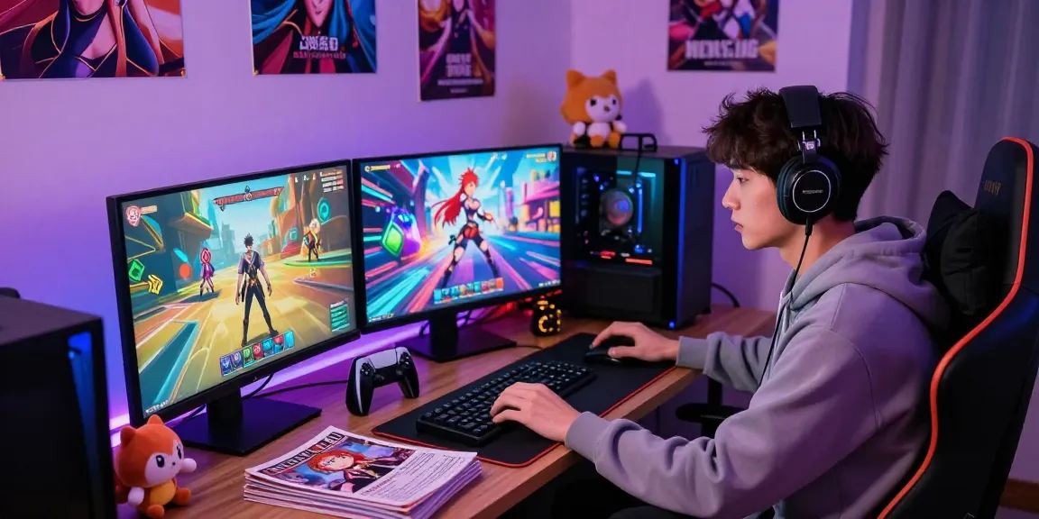 Gamer enjoying a hentai game in a vibrant gaming setup with multiple screens and colorful graphics.