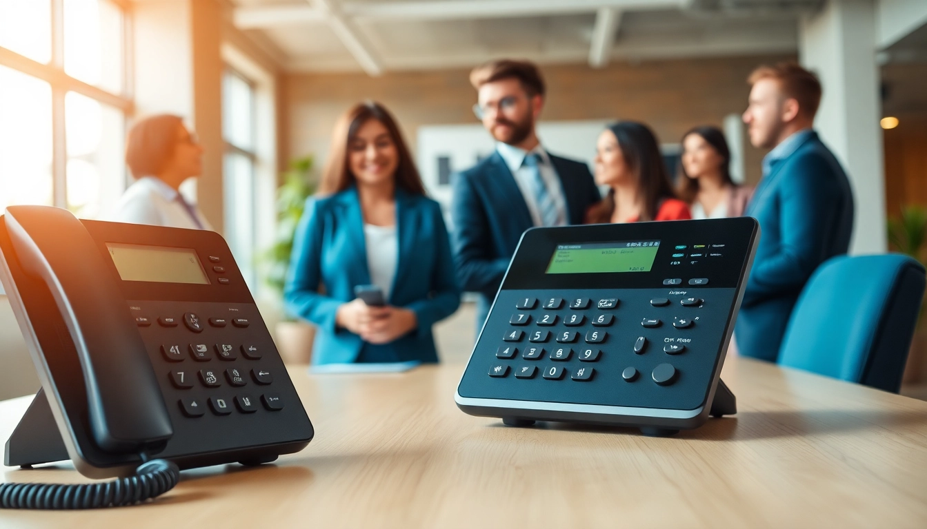 Using a VoIP phone system UK in a professional office setting with vibrant teamwork.