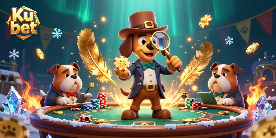 Experience the thrill of Ku bet with a detective and bulldog uncovering poker treasure in a vibrant casino scene.