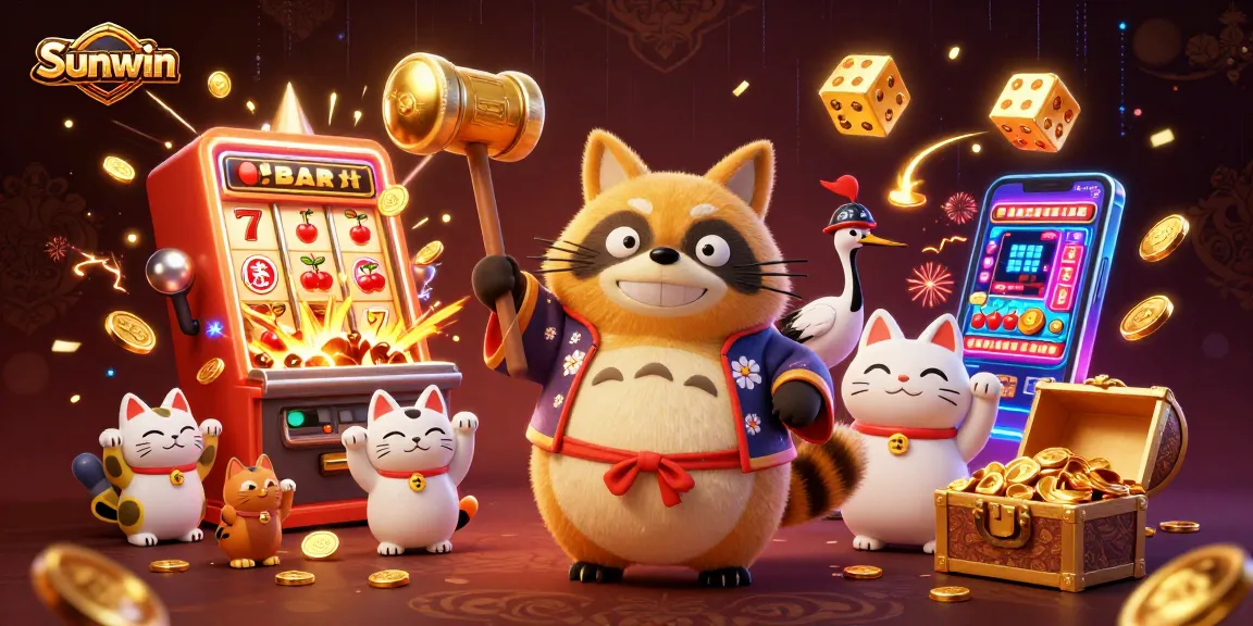Sunwin features a tanuki and lucky cats celebrating wins in a vibrant casino scene, showcasing exciting games.