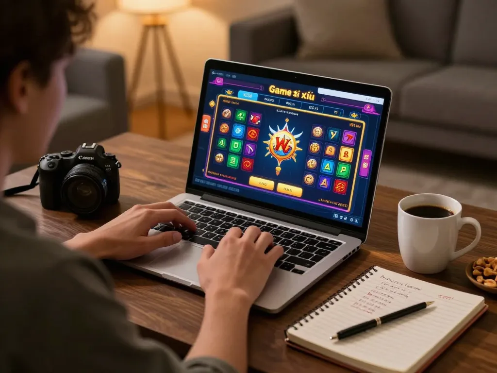 Playing Game tài xỉu online in a cozy home setting, focused on strategy and responsible gaming.