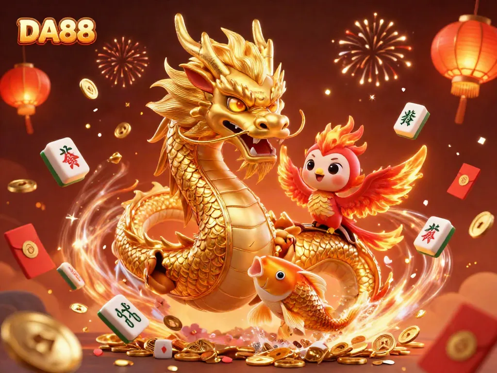 Experience DA88's vibrant casino atmosphere with a dragon, phoenix, and koi fish surrounded by festive elements.