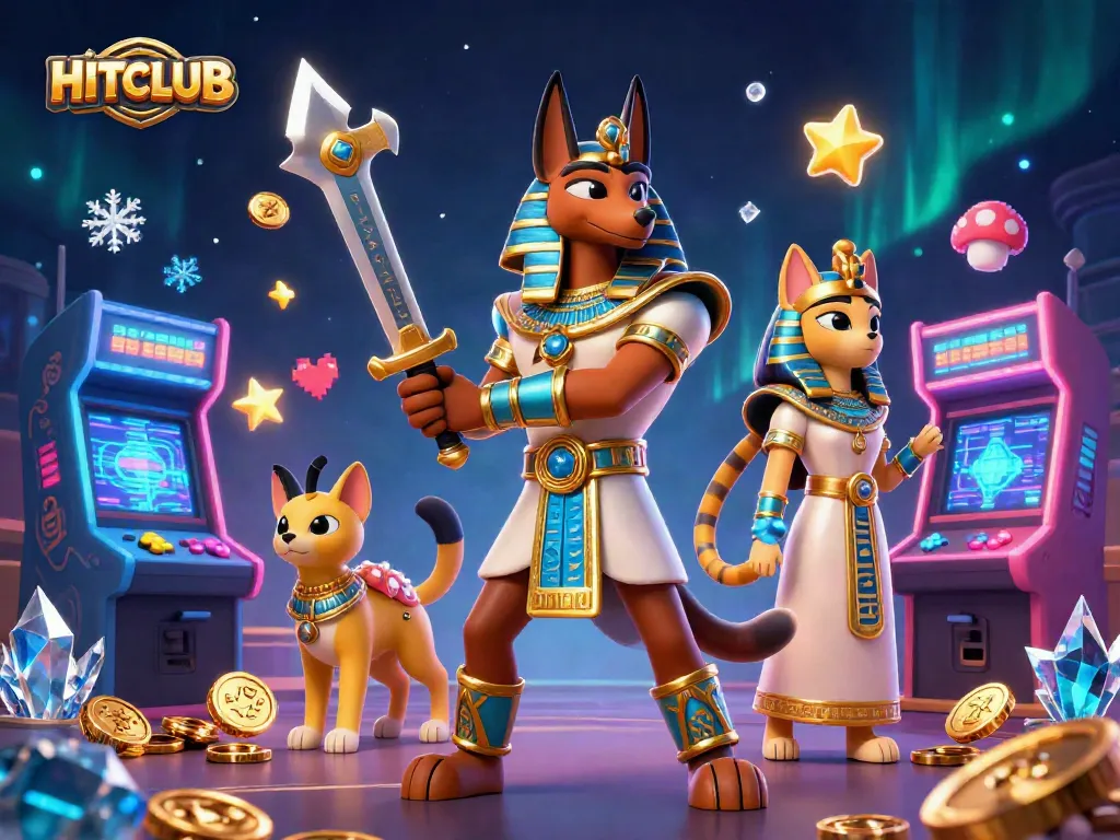 The HITCLUB gaming adventure unfolds with Anubis and Bastet amid colorful slot machines, delivering thrilling experiences.