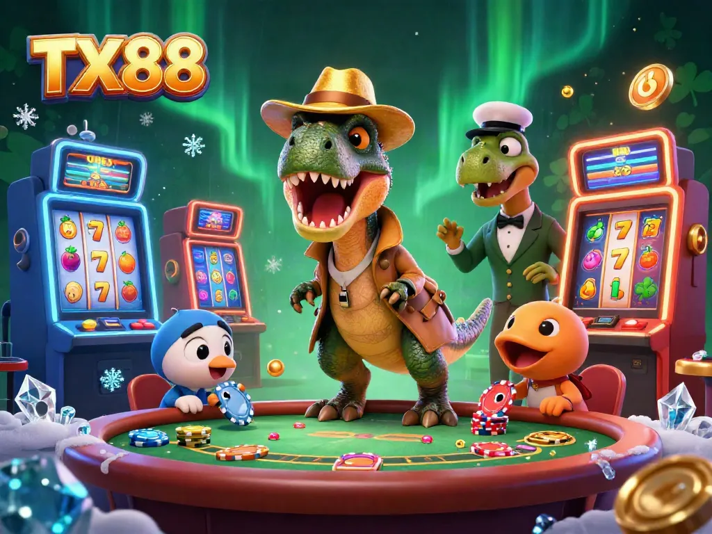 Experience thrilling gaming action at TX88 with a velociraptor card counter, surrounded by sparkling casino slots.
