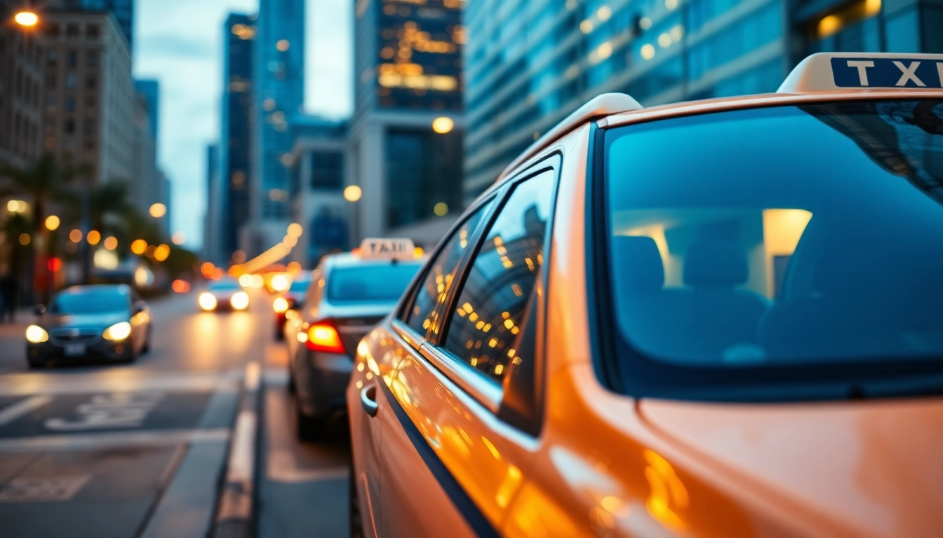 Taxi parked in a lively cityscape, highlighting its professional service and inviting atmosphere.