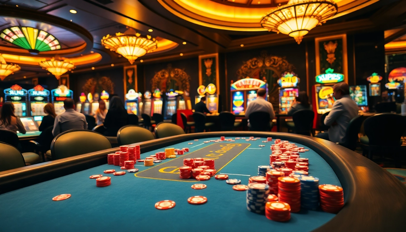 Engaged gamblers enjoy KP88-themed gaming at a vibrant casino table with chips and cards.