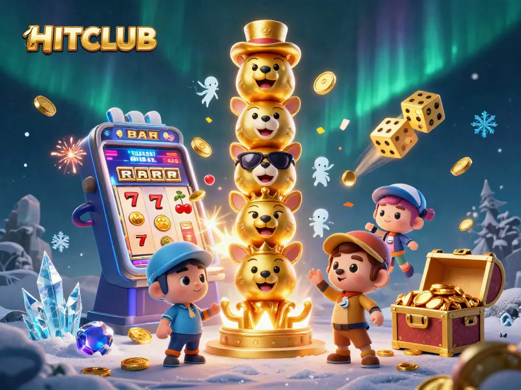 Experience the excitement of HITCLUB with vibrant casino games and golden treasures in an engaging 3D illustration.
