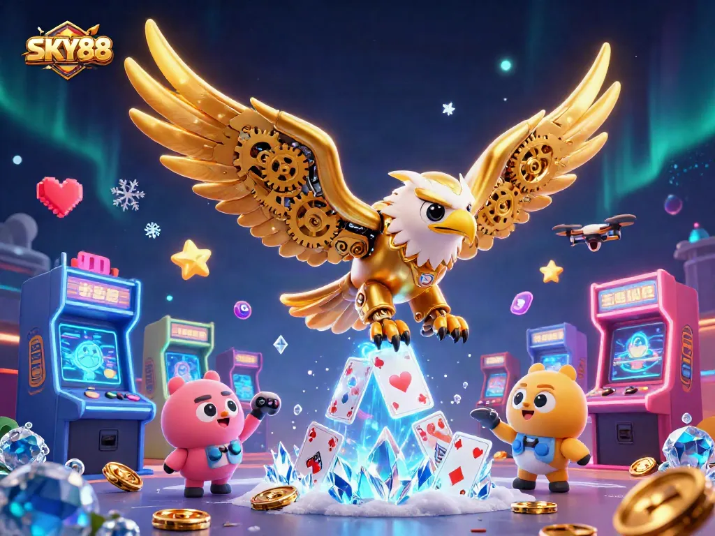 SKY88 features a cybernetic eagle soaring through holographic cards in a vibrant casino scene.