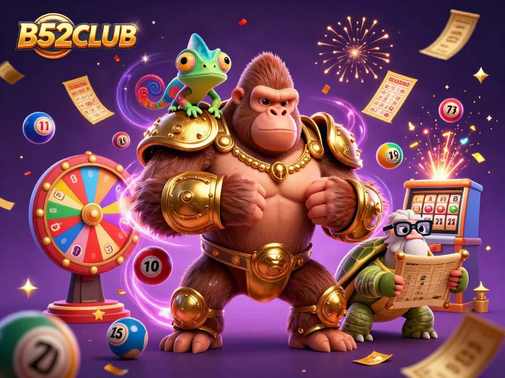 B52CLUB and its vibrant online lottery elements creating an energetic gambling scene with dynamic colors and textures.