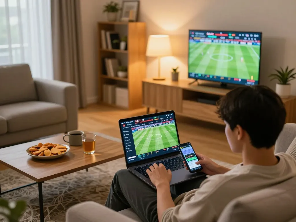 Xoilactv user engaging in live sports betting from home with laptop and smartphone.
