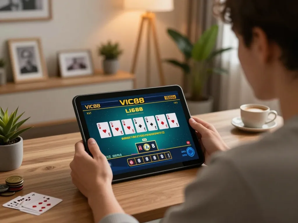 VIC88 player engaging with live dealer game in stylish home office atmosphere.