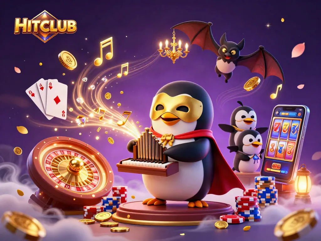 Engage with HITCLUB's thrilling games featuring a penguin organist amidst cascading coins and vibrant casino elements.