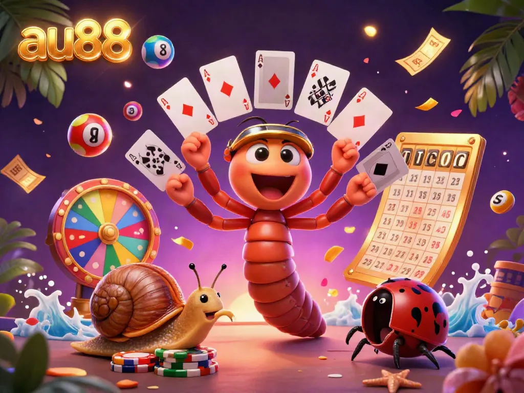 Experience the thrill of gaming with au88's vibrant casino scene featuring colorful lottery elements and lively characters.