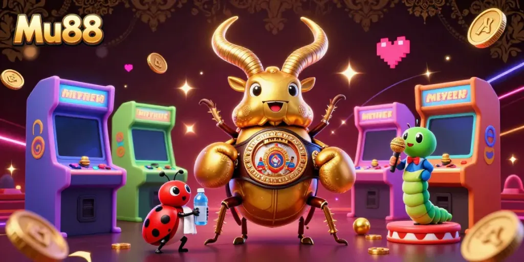 Join the thrilling action at Mu88 with a giant golden stag beetle champion facing off, surrounded by arcade games and sparkling elements.