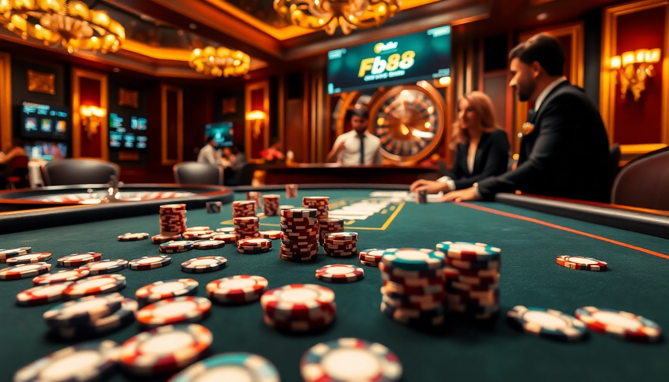 Experience the thrill of gaming at Fb88 with an upscale casino scene showcasing a vibrant poker table and exciting gameplay.