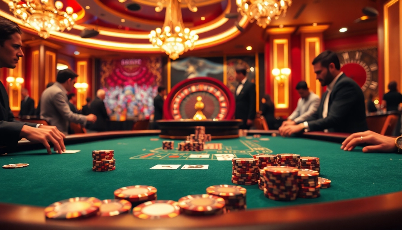 Gamblers experiencing the thrill of a J8 poker table in a luxurious casino environment.