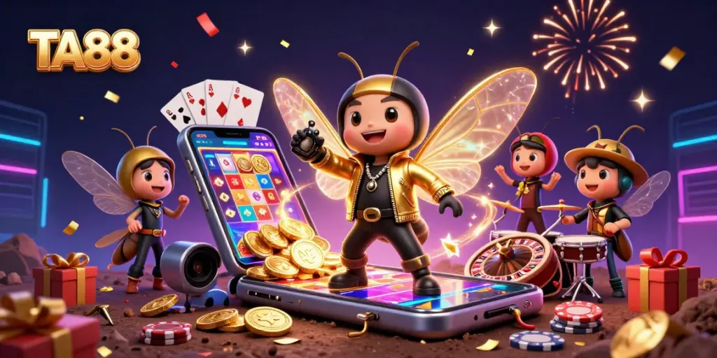 Engage in thrilling gaming experiences with TA88 showcasing colorful slot games and celebratory elements in a vibrant casino setting.