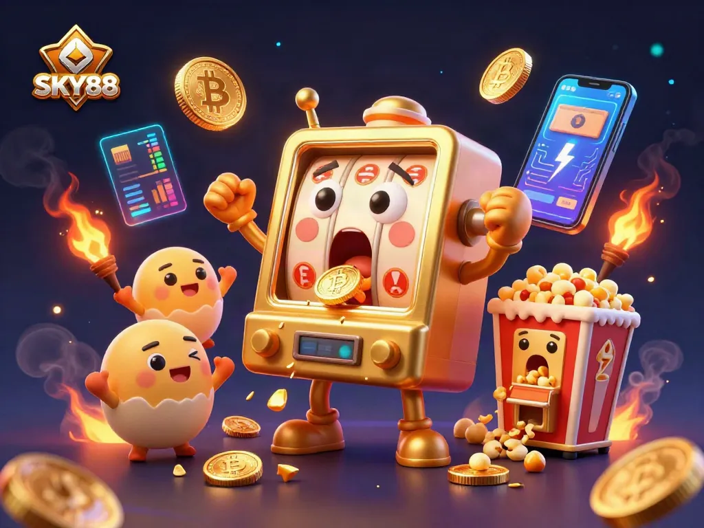 Action-packed SKY88 slot machine hits jackpot with coins spilling, surrounded by neon crypto coins.