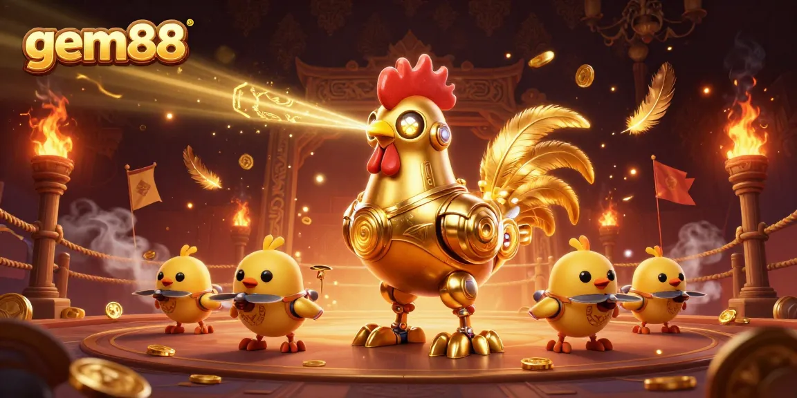 Experience thrilling gaming at gem88 with a golden rooster robot and baby chick drones in an action-packed scene.