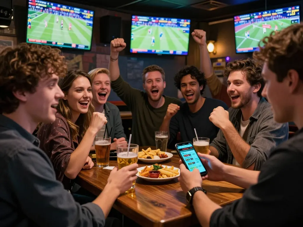 Friends enjoying sports betting action at Hubet, cheering for live matches with mobile app.
