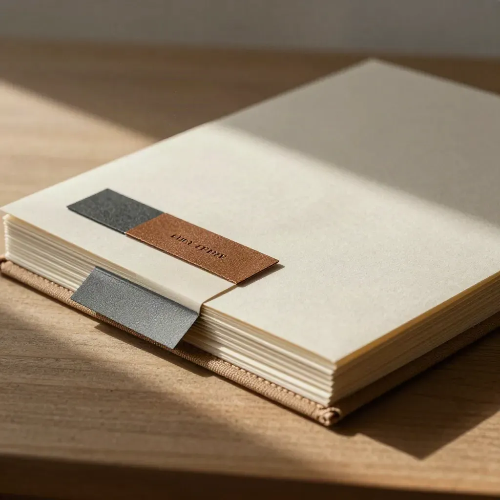 Ivory paper swatches and stitched brand sleeves on oak, lit by soft afternoon window light.