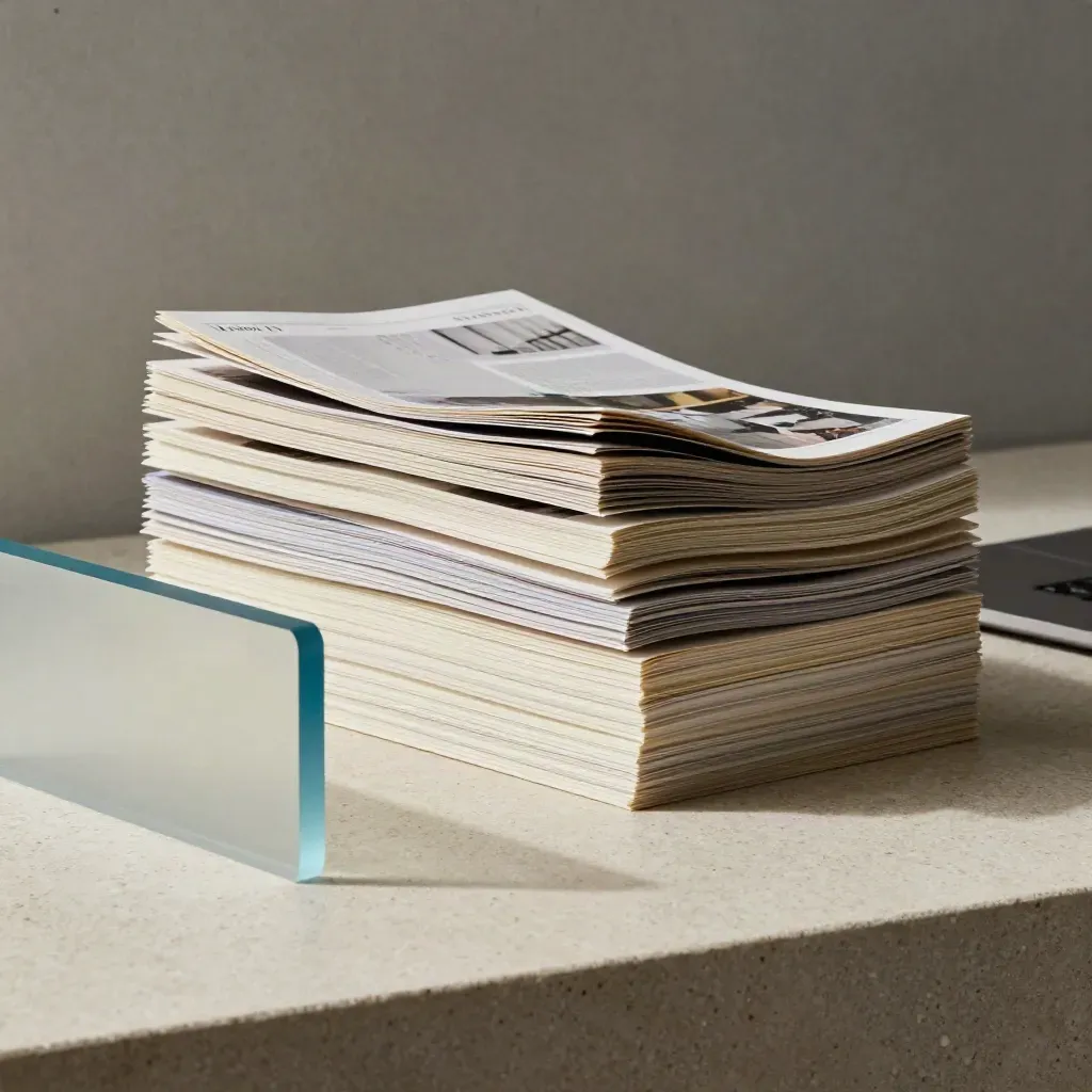 Fanned website module cut-outs, frosted acrylic block and closed laptop edge on travertine.