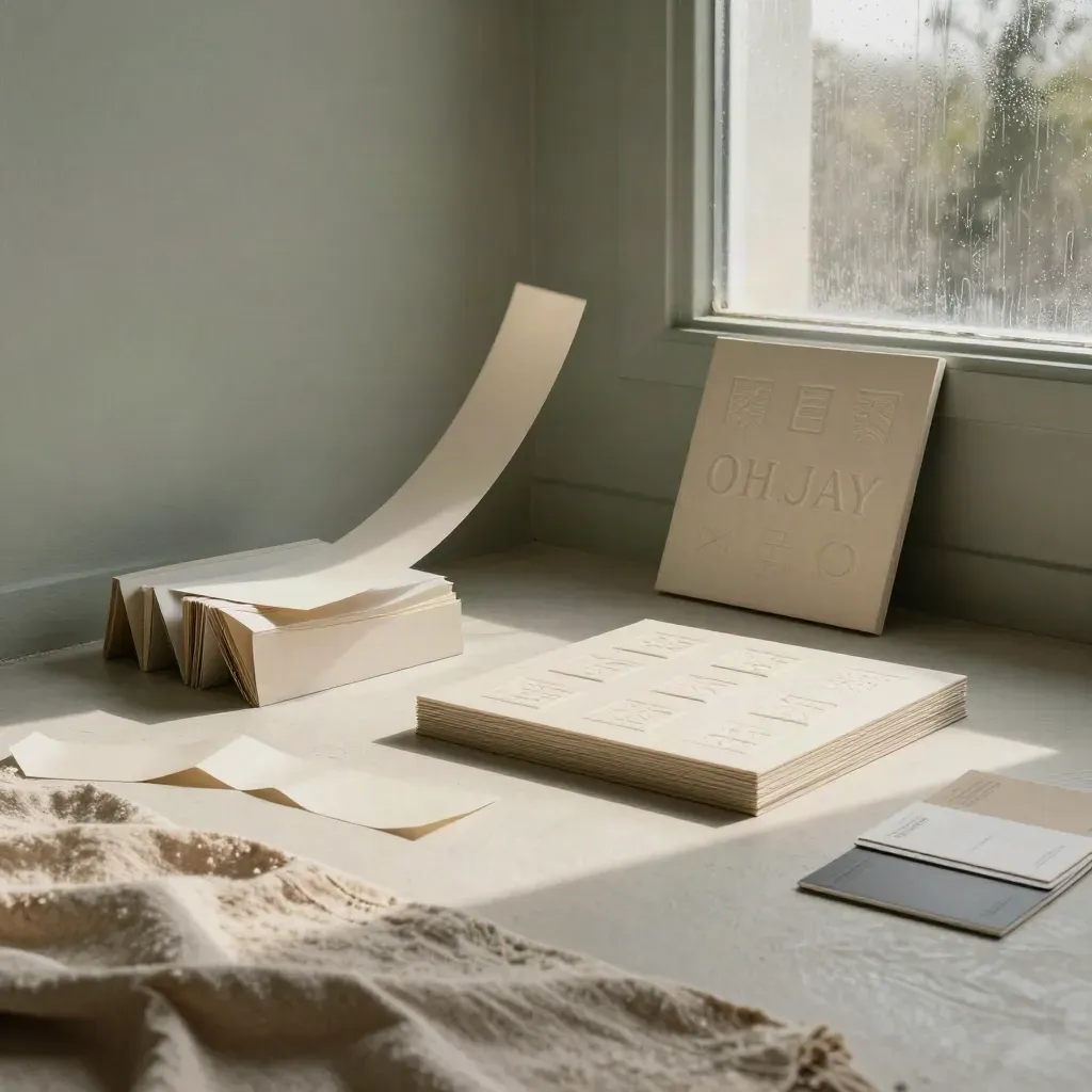 Oh Jay studio materials on a plaster floor with swatches, boards and a presentation box in moody light.