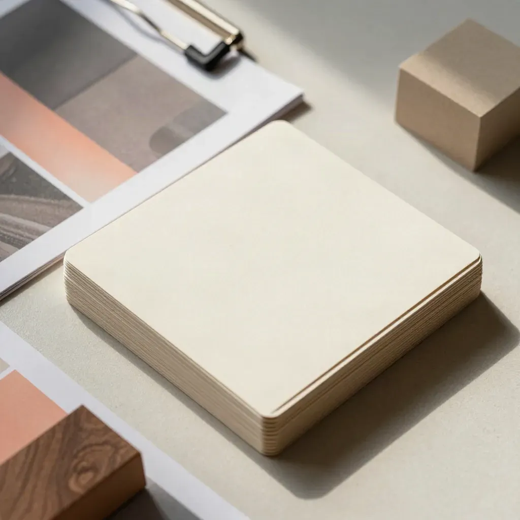 Top-down stack of social post cards, clipped layout proof and sand block on plaster with coral accents.