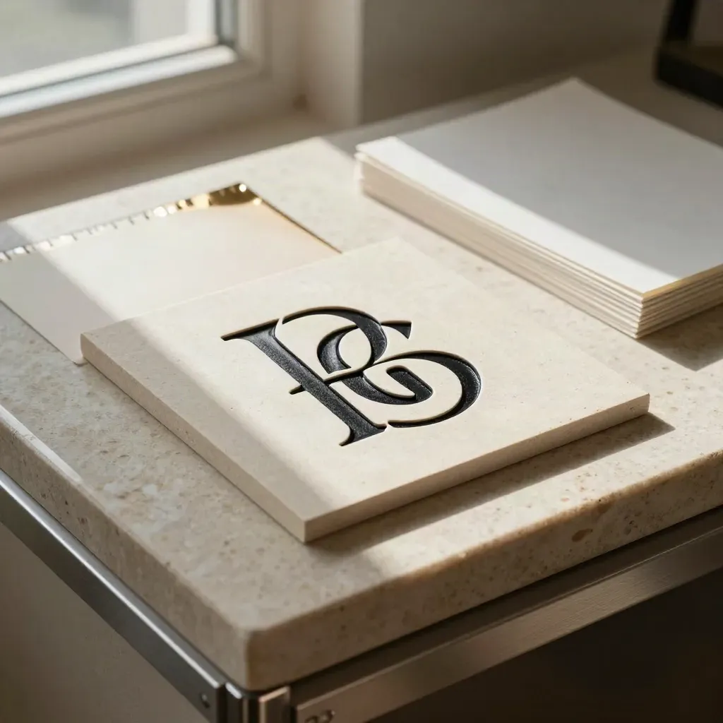 Embossed logo samples on pale stone, warm light, black paper mark and foil-edged swatch.