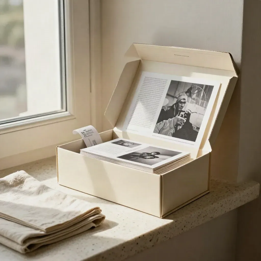 Open launch pack in an ivory presentation box with poster cards and banner strips in soft daylight