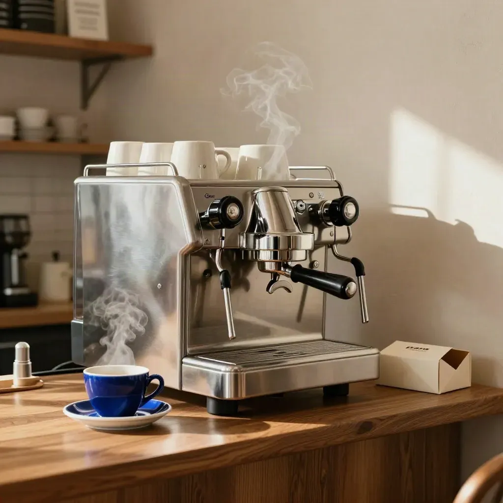 Branded coffee counter with espresso machine, ceramic cups and pastry box in warm window light.