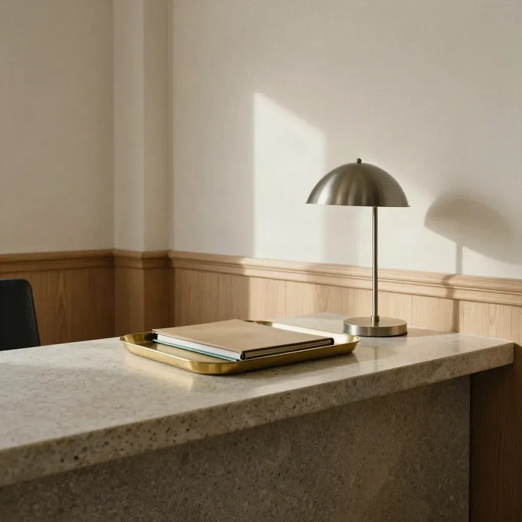 Quiet law office reception corner with stone plinth, brass tray, closed folder and frosted glass.