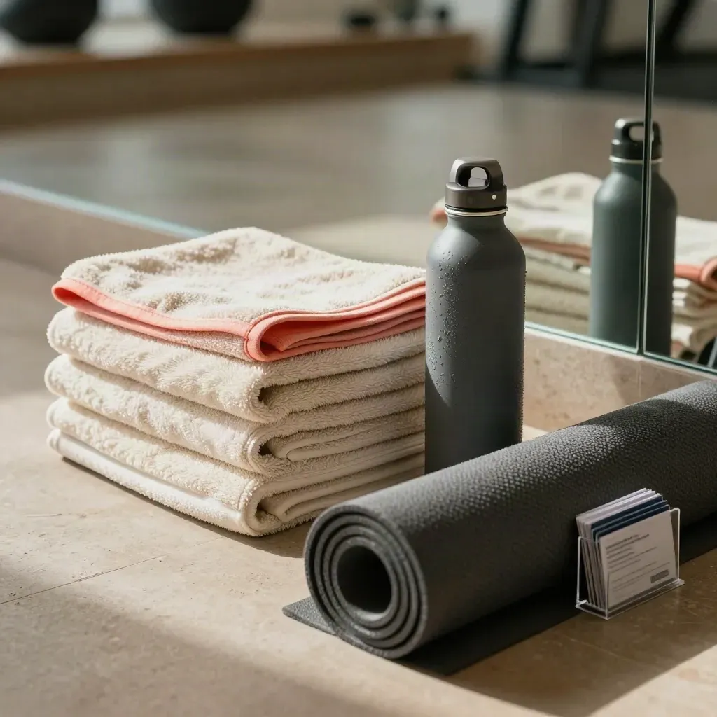 Fitness studio towels, bottle, mat and membership cards beside a mirrored column