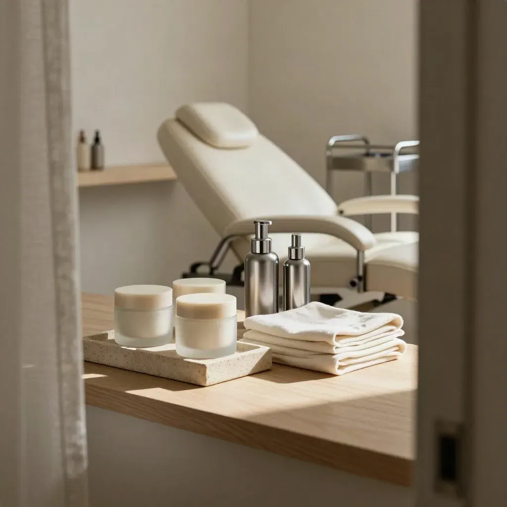 Calm beauty clinic scene with jars, linens, stone tray and chair edge