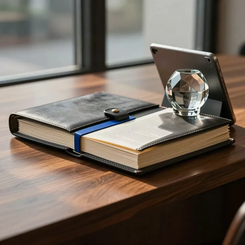Closed investor deck folio with tabbed dividers, a turned tablet stand and glass paperweight.